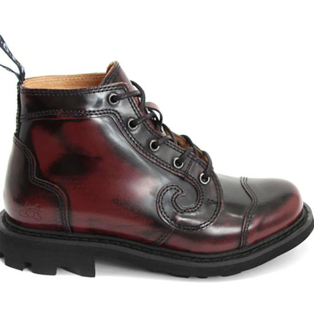 JOHN FLUEVOG Burgundy Derby Swirl Combat Boots